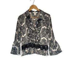 Allison Taylor Womens Lace Trim Black & White FBlouse M Boho Floral Cottage